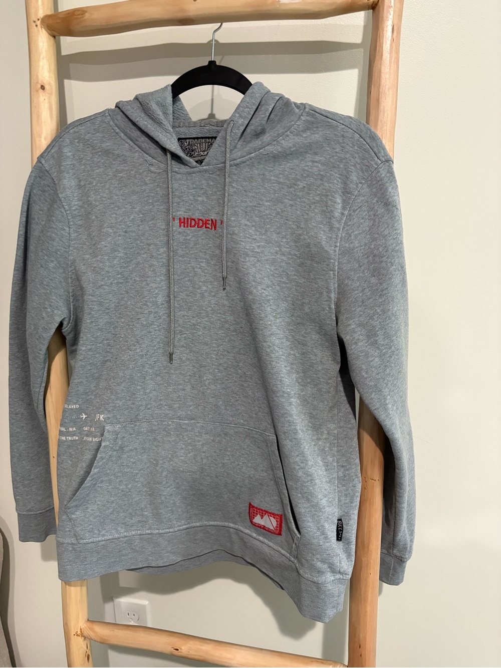 Source Unknown Gray Hoodie with Red 'HIDDEN' Embroidery
